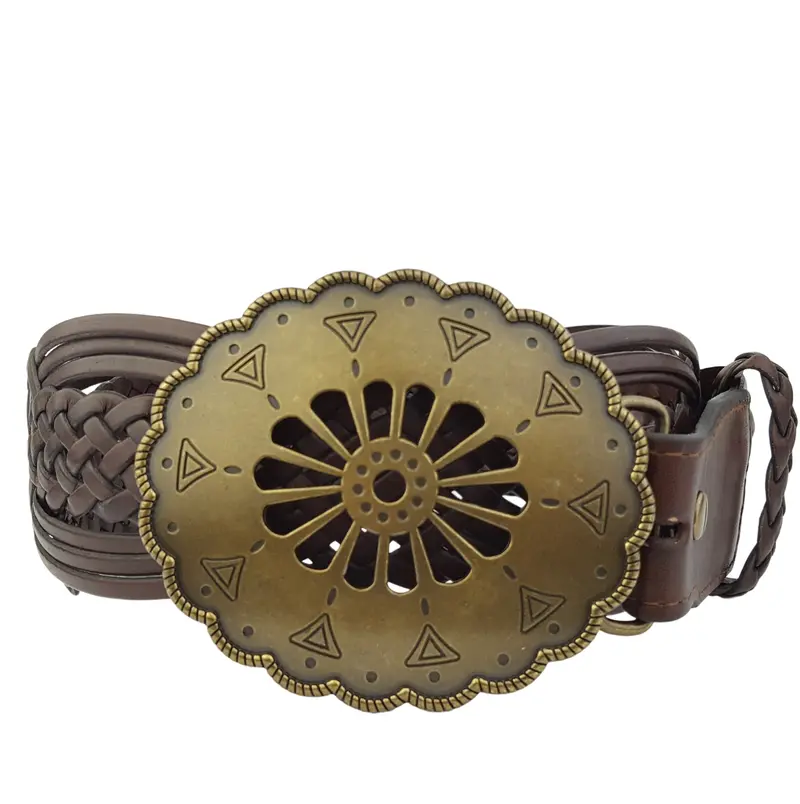 Hand Braided Leather Belt with Navajo-Style Floral Buckle