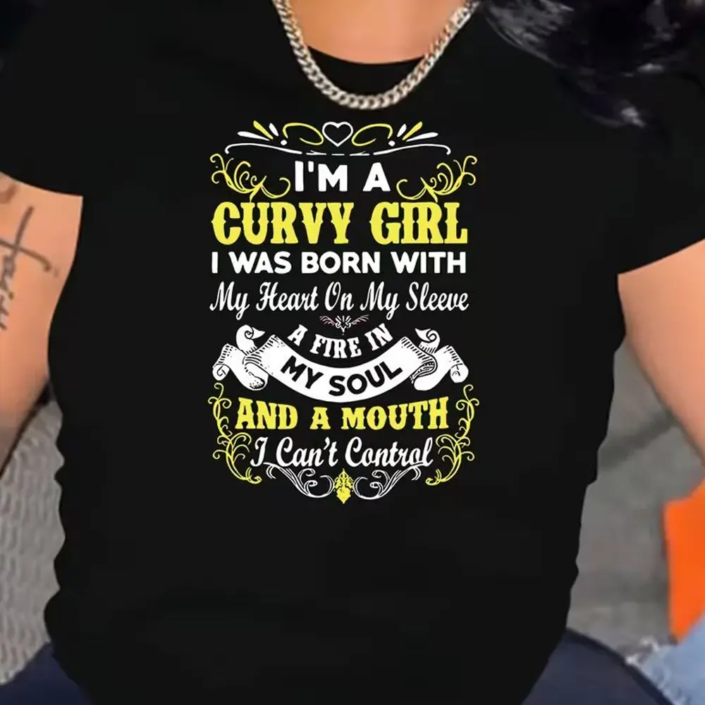 Plus Size Women's Classic Graphic T-Shirt - "I'm A Curvy Girl" Sassy Quote, Floral Print, Cotton, Short Sleeve Round Neck Stretchable Casual Top for Spring-Summer, Refer to Size Chart
