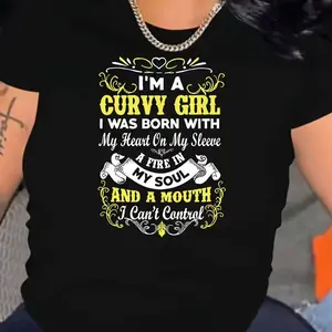 Plus Size Women's Graphic T-Shirt - "I'm A Curvy Girl" Sassy Quote & Floral Print, Stretchable Casual Short Sleeve Round Neck Top for Spring/Summer