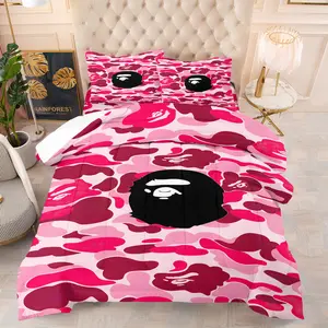 BAPE Pink Camo Ape Head Print Comforter Set, Soft Warm Bedding, 1 Comforter and 1-2 Pillowcases No Core, ABC CAMO Camouflage & Iconic Ape Head, Sweet Cool Streetwear Style Bedroom Decoration Gift for Fans