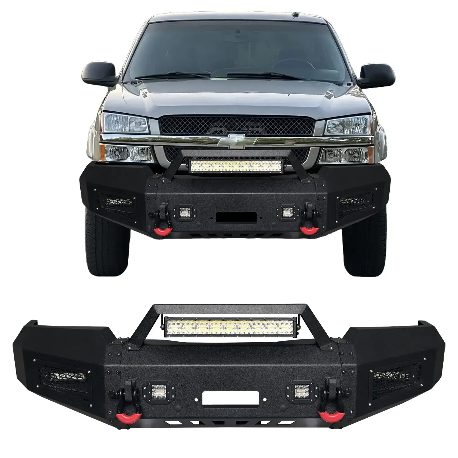 Vijay Black Textured Steel Front Bumper Replacement for '03-'06 Chevy Silverado 1500/2500/3500 Truck, Off-Road Car Body Repair Accessory with Winch Plate, LED Lights, 2 D-Rings, Simple Screw Installation, Adds a Sleek Look, Automotive Car Accessories