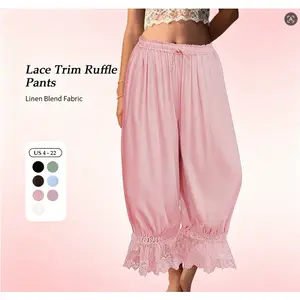 Women Linen Blend Lace Trim Long Bloomers Pants Ruffle Vintage Pantaloons Summer Beach Travel Vacation Cute Boho Pants with Pockets summervibes