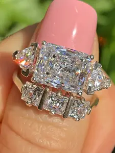 Women's Wedding Engagement Ring Set, Geometric Synthetic Zirconia Rings, Elegant Asymmetric Design, Copper Material, All Seasons Jewelry