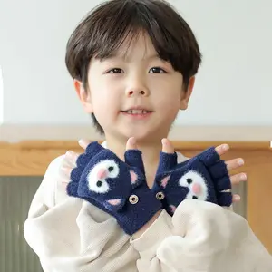 Outdoor Warm Fingerless Cat Ear Children For  Korean Knitted Mittens Children Gloves Half Finger Gloves Flip Cover Gloves