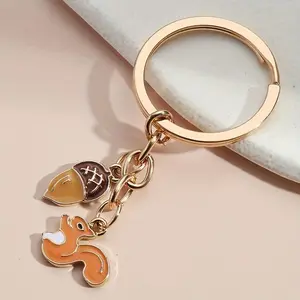 Cute Squirrel Pinecone Keychain, Gender-Neutral Enamel Decal Chain-Attached Keychain with Gold-Colored Charm, Fashion Accessory Keyring, Chain-Attached Keychains, Enamel Decal Keychains