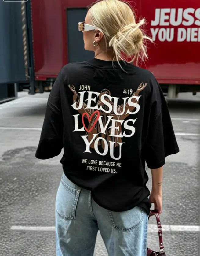 Vintage Jesus Open Arms Sketch JESUS LOVES YOU John 4:19 Scripture Red Heart Religious Faith Quote Cotton Tee Summer Cool 100% Christian Believer Casual Daily Women Outfit
