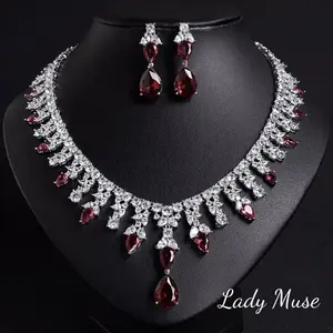 925 Silver Lab-Created ECO Diamond Red Teardrop Set for Evening Parties/Gifts