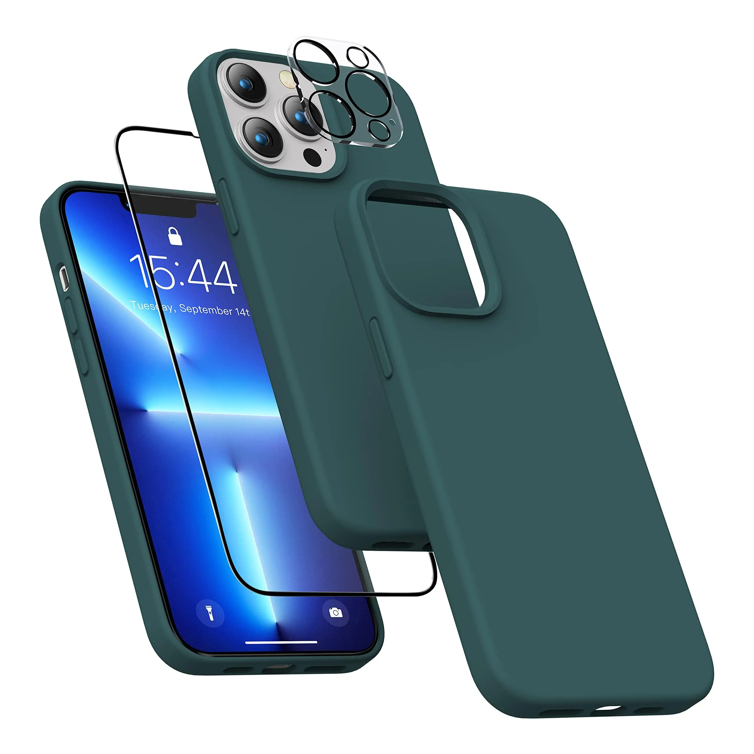 MXX Silicone Case for iPhone 13 Pro Max, W/Screen & Camera Lens Protector, Phone Cover Soft Anti-Scratch Microfiber Lining, Liquid Gel Finish Coating Full-Body Protective 6.7" (Midnight Green) Accessories Protection Phonecase Shockproof Detachable