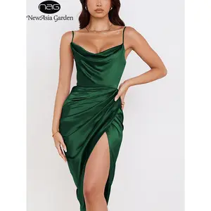 Midi Satin Dress Split Adjustable Strap Formal Sexy