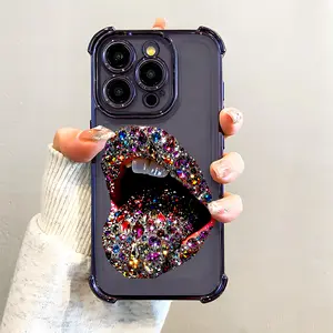 Sexy Diamond Lip Print 2D Pattern Creative Vintage Art Style Phone Case , Electroplated Cover with Airbag Shockproof Slim Soft TPU Cover for iPhone X 11 12 13 14 15 16 17 Pro Max Plus Air