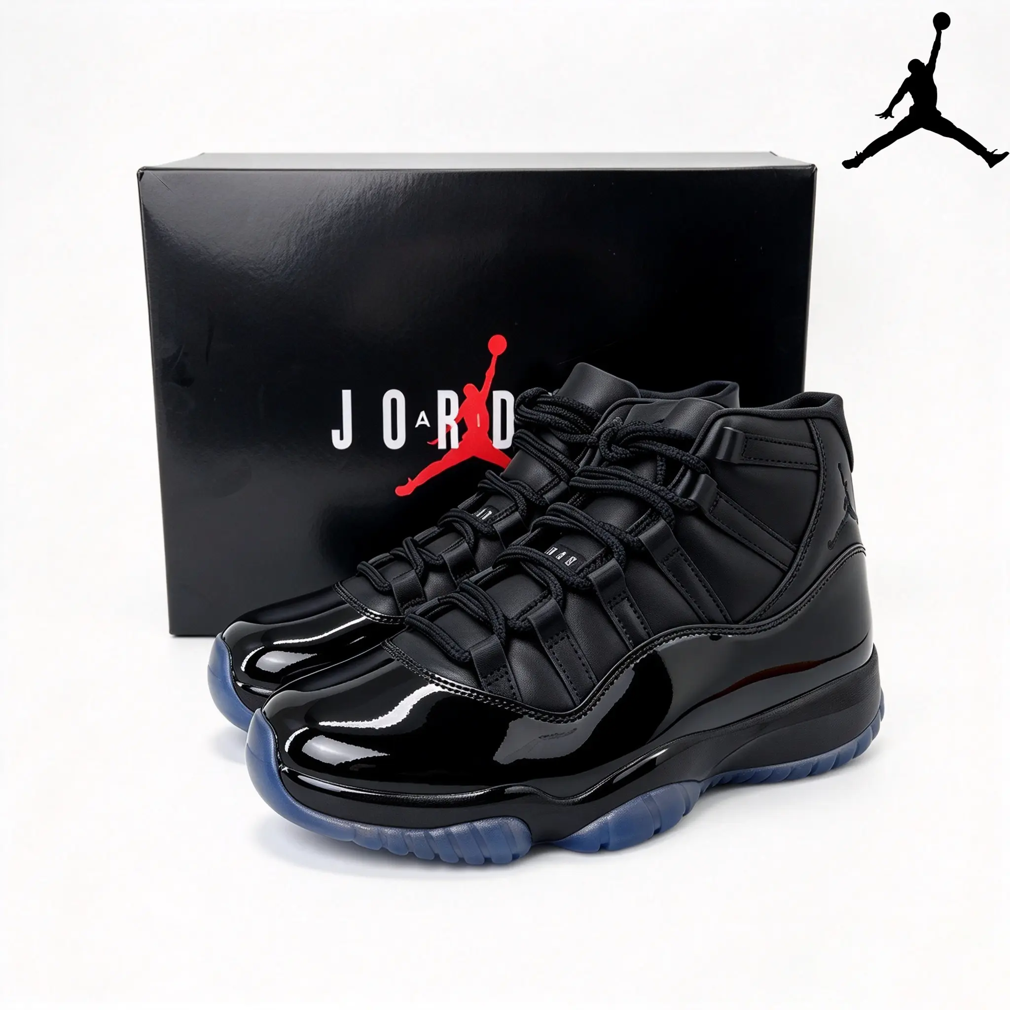 Brand New Sealed Unisex Air Jordan 11 High Top Sneakers, Matte Black Fabric Upper, Polished Black Patent Panels, Black Midsole & Deep Blue Translucent Outsole, Ideal For Daily Home Relaxation & Trendy Street Fashion Looks