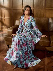 Elegant Cross Neck Lantern Sleeve Belted Multi-Layer Floral Dress, Spring & Fall Vacation Wear, Casual Wear, Daily Fashion