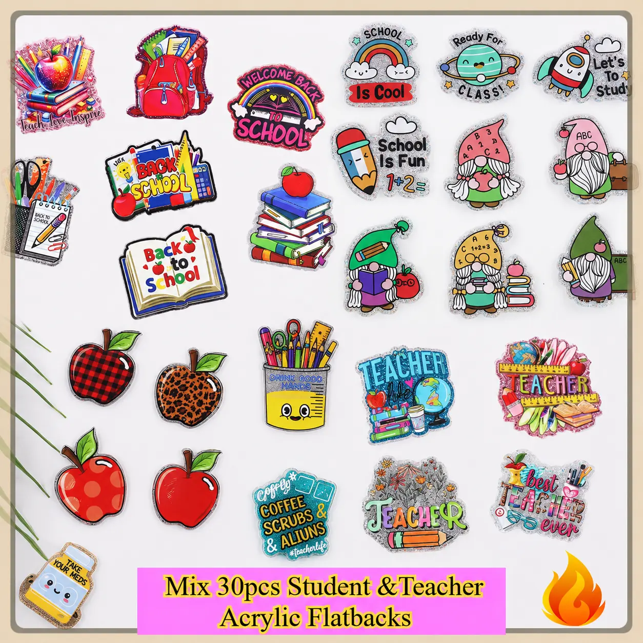 Wholesale 30pcs Random Student & Teacher Theme Acrylic Flatbacks - DIY Craft Embellishments for Badge Reels, Clips, Pendant Stretch Keychains