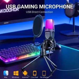 USB Condenser Microphone with Customizable RGB Lights, Ai Noise Cancellation, 48khz/24bit Hi-Fi, Real-Time Monitoring, Plug-And-Play