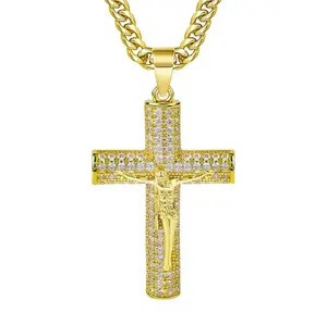 Fully Iced 3D Embossed Paved Diamond Jesus Cross Cuban Chain Necklace - Rust-Resistant Nano-Tech Christian Spiritual Jewelry for Adults, Casual Wed Gift
