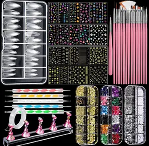 FANDAMEI Nail Art Brushes, Nail Art Kit with Nail Art Brush, Dotting Tools, Nail Rhinestones Pearls, Nail Charms and Gems, Nail Stickers for Women Decals, Nail Stand for Press on, Nail Design Kits