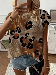 Spring Summer Women's Knit Top Blouses, Round Neck Shoulder Straps Loose Fit, Colorblock Leopard Print Palm Leaf Short Sleeve, Casual Elegant Commute Wear Womenswear