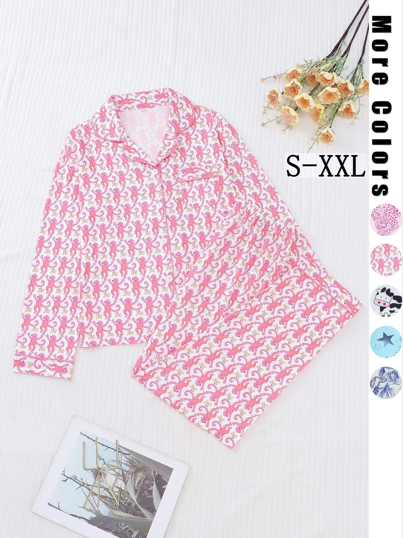 Two-piece Set Women's All Over Print Lapel Neck Pocket Shirt & Elastic Waist Pants Pyjama, Casual Comfy Long Sleeve Button Up Top & Trousers Pj Set, W