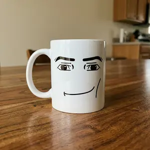 Funny Meme "Roblox Man Face" Original Artwork Mug, 11oz Ceramic Coffee Cup, Anime Gift for Fans, Unique Desk Decor Viral Internet Joke