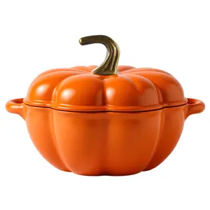 4.5QT Enameled Cast Iron Pumpkin Dutch Oven, 12" Seasoned Cooking Pot with Lid & Handles for Thanksgiving Smooth Kitchen Cookware Classic Ceramic