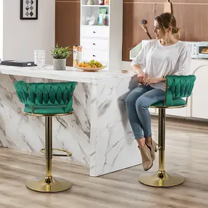Set of 2 Green Velvet Counter Stools – Adjustable Height Bar Chairs with 360° Swivel, Low Backrest & Plush Cushion, Stylish Gold Base