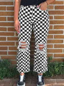 Checkerboard Print Distressed Holes Raw Edge Cropped Jeans,  The Distressed Holes Design and Raw Edge Give a Fashion-Forward Retro Look, Cotton.