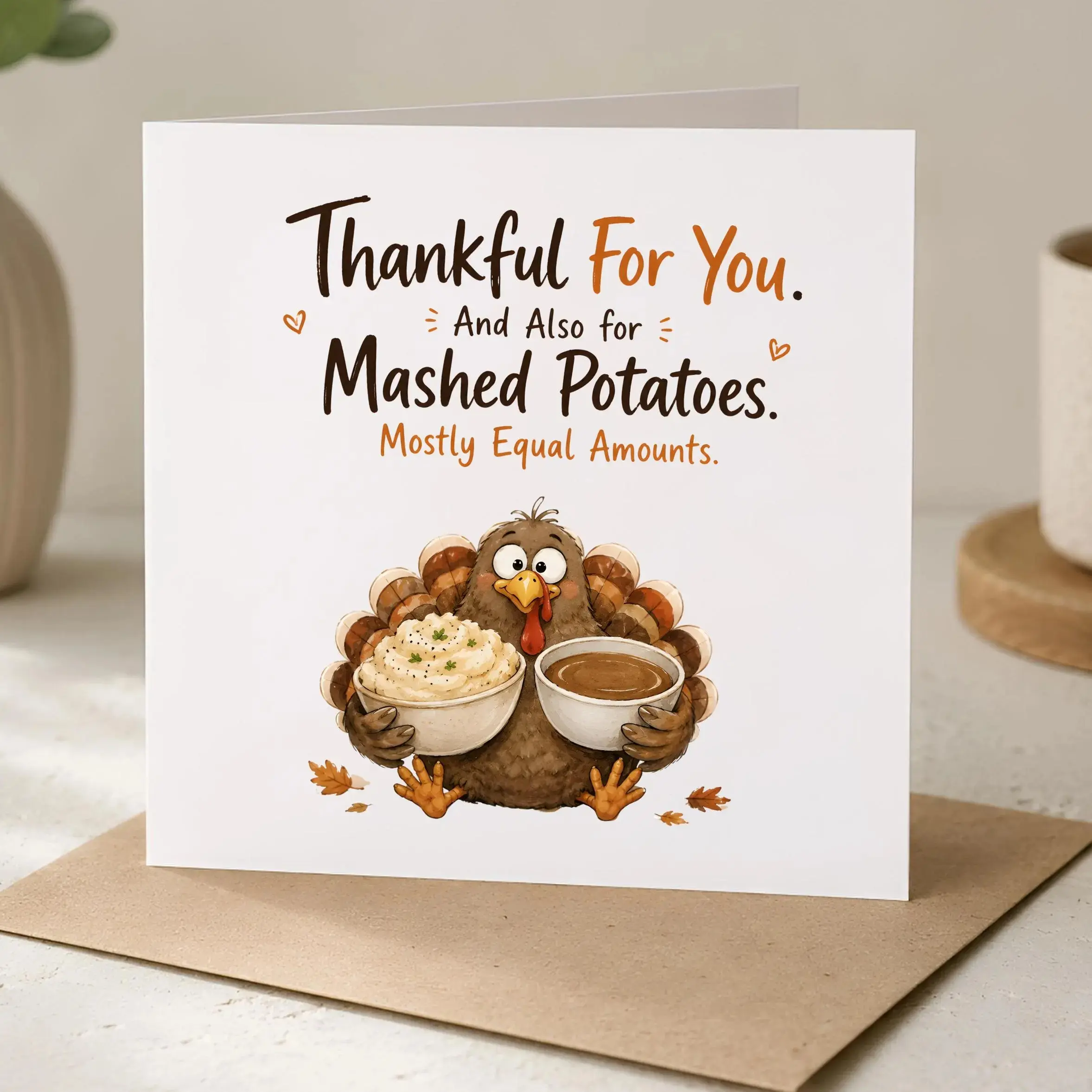 Cute Turkey Thanksgiving Card, Funny Mashed Potatoes Greeting Card, Thankful For You Card, Thanksgiving Card for Friends Family