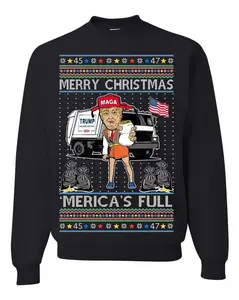 Donald Trump Merry Christmas Merica's Full, Cousin Eddie Christmas Vacation Garbage for Trump Funny Viral Meme, Ugly Christmas Sweater Ugly