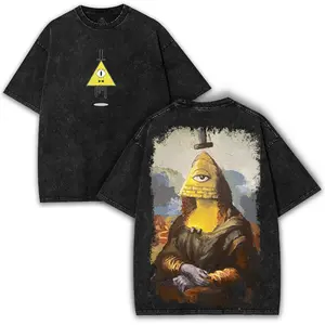 Gravity Fall x Bill Cipher– Washed Oversized Tee With Meme Masterpiece & Illuminati Energy – Cartoon Glitchcore Art Tee Basic Cotton