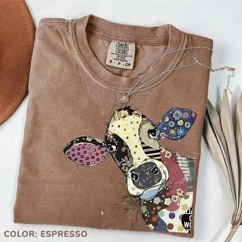 Comfort Colors Patchwork Cow T-Shirt, Cute Floral Colorful Cow Face Graphic Tee for Women, Trendy Farm Animal Cow Lover Tee, Gift for Her Farmer