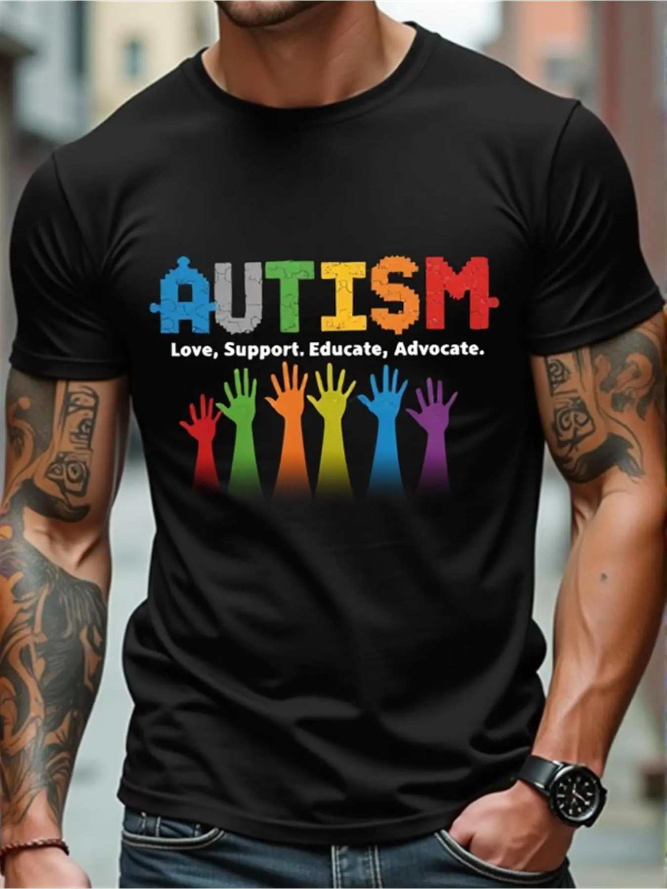 Men' Autism Awareness T-Shirt with Puzzle Piece and Handprint Design| Love Support Educate Advocate Slogan, Casual Crew Neck Short Sleeve Shirt for Advocacy Apparel, All-season, Regular Fit