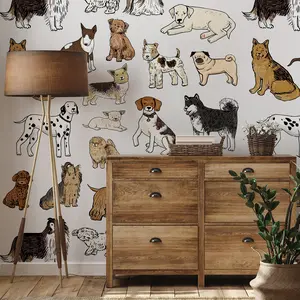3pcs Cartoon Hand-Drawn Dog Pattern Wallpaper, Self-Adhesive DIY Waterproof, Suitable for Dining Room, Bedroom, Living Room, Wardrobe, Cabinet Door, Peel And Stick Wallpaper Designs