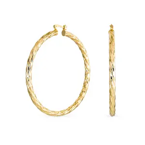 Rope Cable Wide Hoop Huggie Earrings 18K Gold Plated Brass 2.25 Inch Diameter