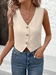 Women's Solid Color   Button Vest Blazer, Casual Sleeveless  Outerwear for Daily Wear, Ladies Clothes for All Seasons Tops