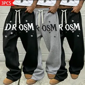 Y2K men’s DROSM sweatpants with star letter print, oversized wide-leg streetwear pants, elastic waist casual joggers for everyday wear and hip hop style