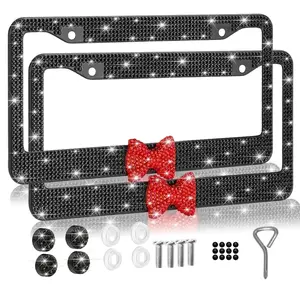 2pcs Sparkling Frames For Women - High-quality Stainless Steel Raine Stone Labels Covered With Handcrafted Crystal Diamonds And Gift Bows, Sparkling Car Parts For Girls Personalized Car Plate
