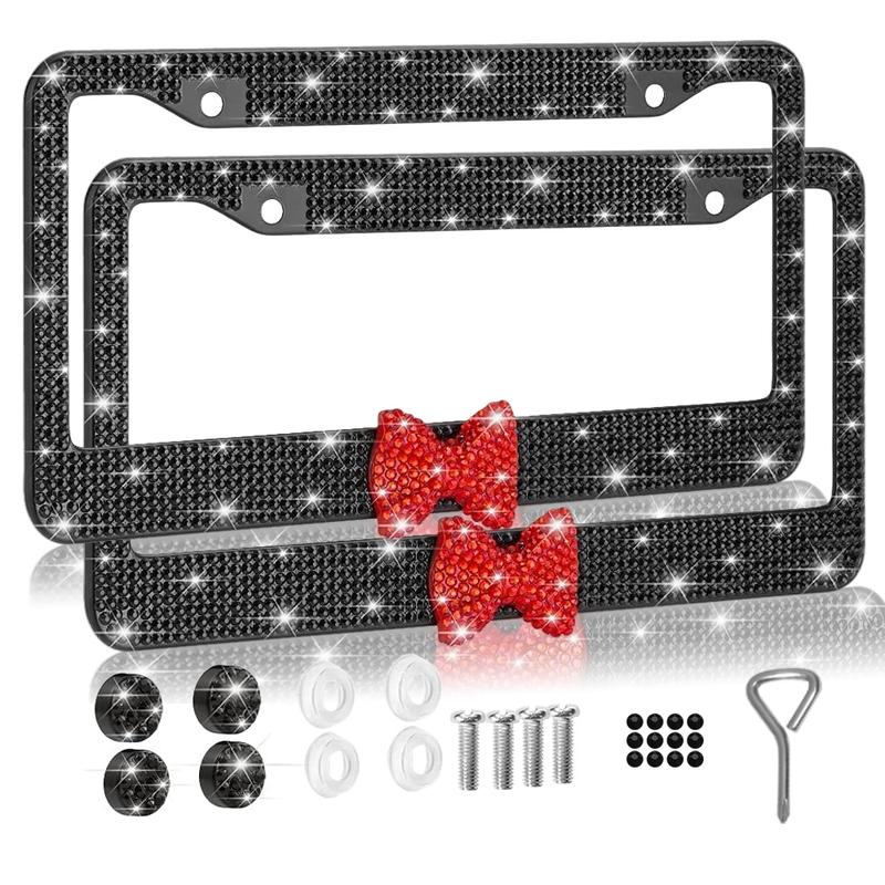 2pcs Sparkling Frames For Women - High-quality Stainless Steel Raine Stone Labels Covered With Handcrafted Crystal Diamonds And Gift Bows, Sparkling Car Parts For Girls Personalized Car Plate