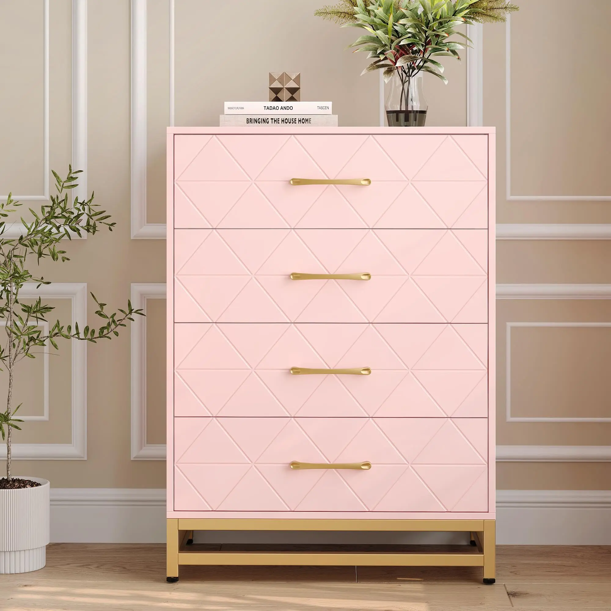 Modern Storage Cupboard - Pink 4-Sliding Drawer Sturdy Waterproof MDF Wood Chest, Unique Practical Dresser with Metal Legs & Concave Lines, Easy-Setup Bedroom Bedside Table, Assembly-Required Indoor Furniture