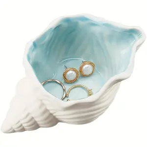 1pc Decorative Ceramic Jewelry Tray, Conch, Shell, Starfish Shape Trinket Dish, Ceramic Ring Earring Holder, Ocean-themed Decorative Trinket Plate For Rings Earrings Necklace Bracelet Jewelry Watch Key, Bathroom Bedroom Office Accessories, Boxes Organiser