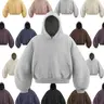 Inflation Men's Fleece-Lined Long-Sleeve Cropped Boxy Oversized Hoodie Pullover - Stylish Curved Blade Short Hood, Cozy Loose Casual Fit, Winter American-Style Eggshell Male Clothing, Retro Vintage Streetwear, Everyday Wear