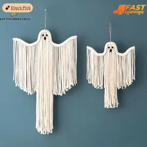 Halloween Macrame Ghost Spooky Wall Hanging for Gothic Decor, Living Room Wall Art, Halloween Ghost Cotton Boho