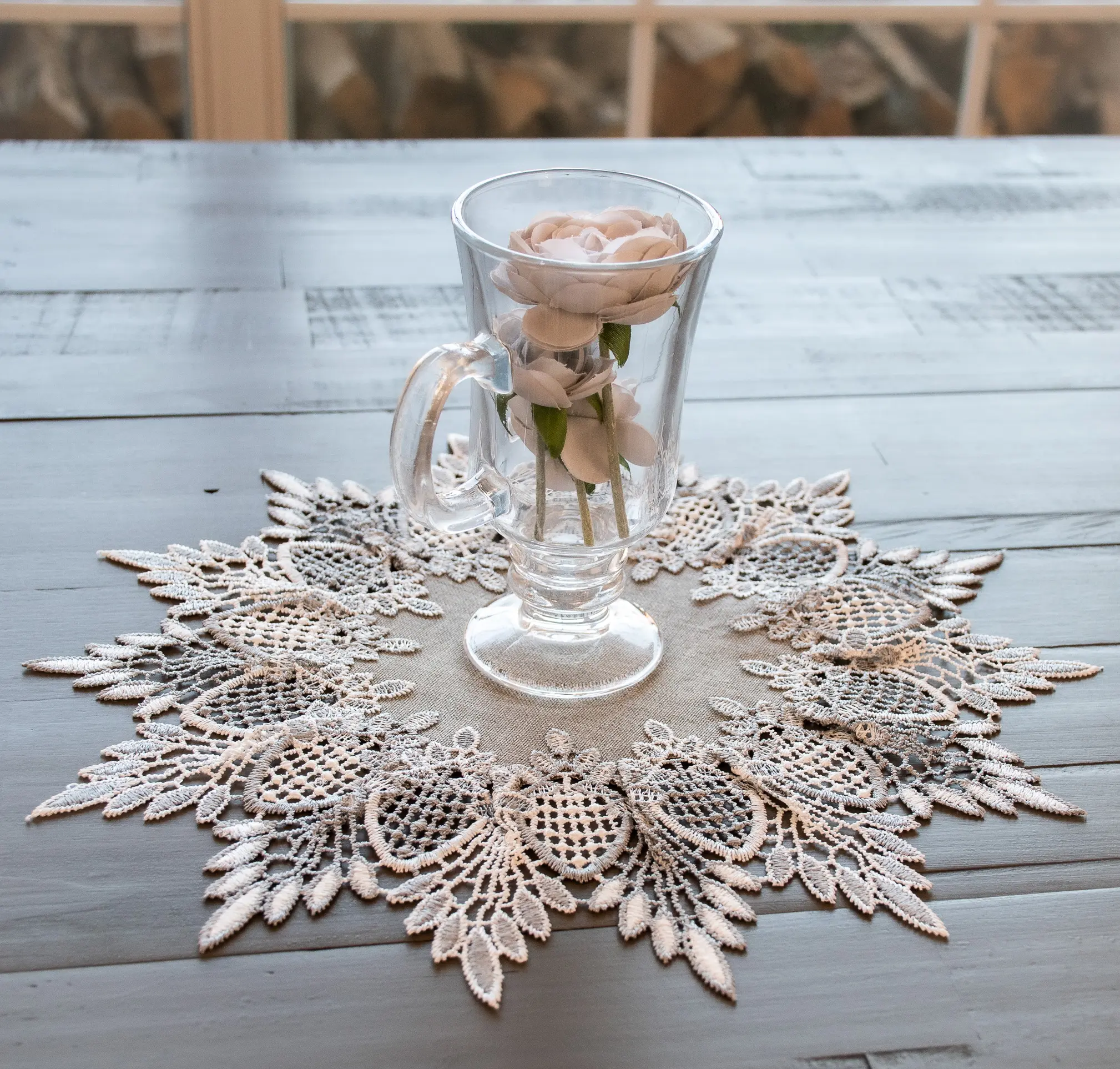 Linens Art And Things Earth Tone Silver Lace Table Pad Mat, Silver Fabric Round Doily (12in/16in Sizes)