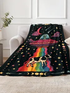 Trippy UFO Alien Cow Abduction Rainbow Space Fleece Blanket Psychedelic Moon Phase Star Galaxy Print Throw Ultra Soft Warm Flannel Bedding for Bed Couch Sofa All Season Gift for Hippie Alien Space Lovers