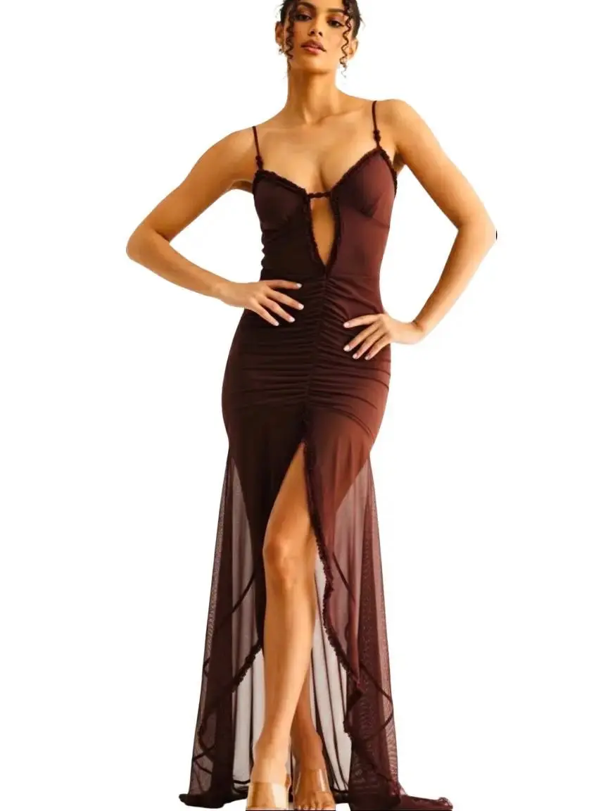 Wine Brown Long Dress with Deep V Neckline High Slit Stretchy Material for Elegant Occasions Stylish Design - TikTok Shop Wine Brown Long Dress with Deep V Neckline High Slit Stretchy Material for Elegant Occasions Stylish Design - TikTok Shop