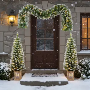 Artificial Christmas 3-Piece Set Wreath & 2 Pre-Lit 4 Ft Trees with LED Lights Easy Assembly Festive Decor