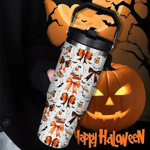Halloween Ghost Reading 30oz Insulated Cup with Straw, Stainless Steel Coffee Mug Tumbler, Perfect Halloween Gift for Men & Women