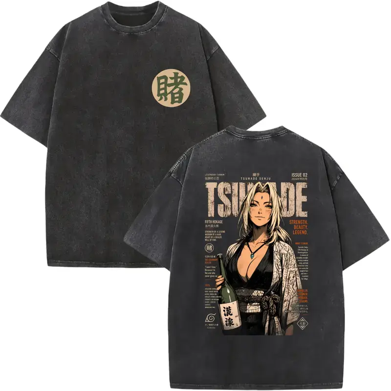 Men's Graphic T-Shirt, Vintage 100% Cotton Shortsleeve Round Neck Top with Double-Sided Acid Wash Tsunade Anime Print, Menswear