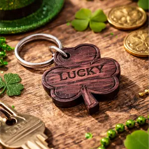 Lucky Shamrock - Solid Oak wooden keychain with stainless steel hardware