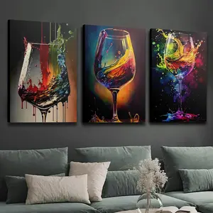 2D Flat, 2D Flat, 2D Flat 2D Plane, 2D Wrapped Canvas Frame, Three Inner Frame Colorful Wine Glass Prints, Abstract Wall Decoration for Beverages, Kitchen Wall Art Home Decor, Prints, Canvas Wall Art, Artistic Wall Paintings, Bedroom Wall Decor