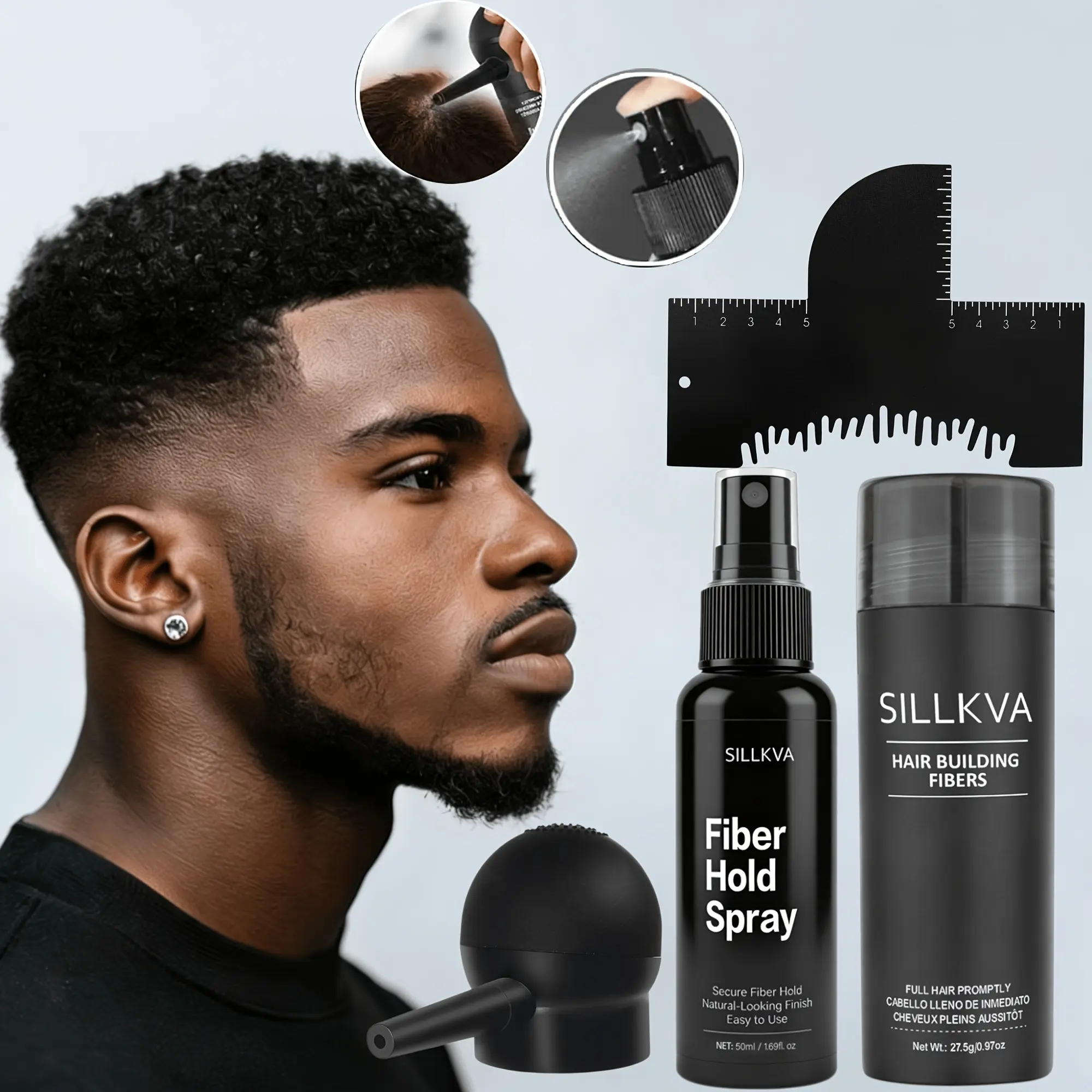 SILLKVA 4PCS Hair Building Fiber Kit – Hair Fibers, Pump Applicator, Holding Spray & Hairline Card for Instant Fuller Hair, Natural Root Coverage
